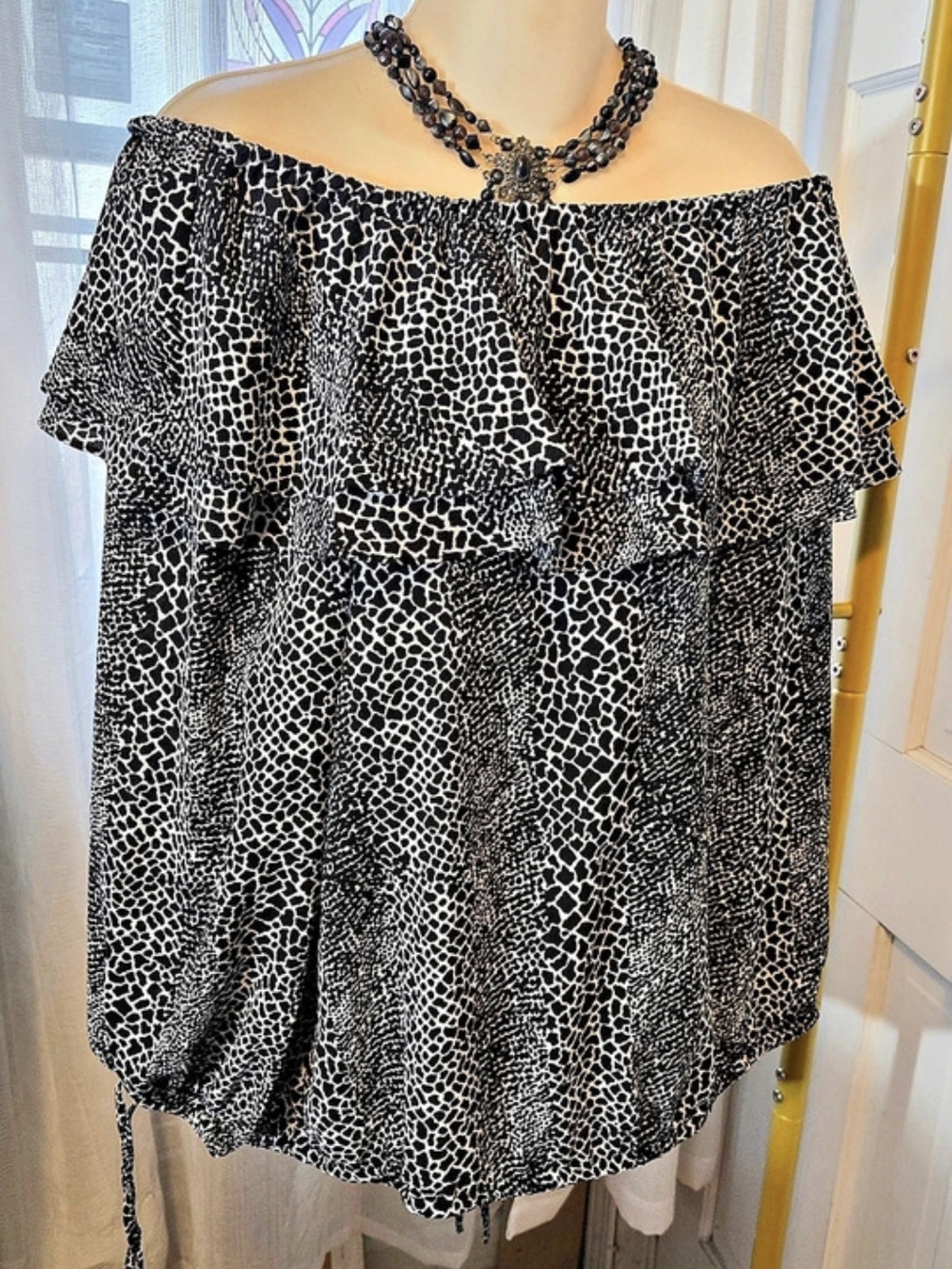 Michael Kors Fashion Basics Animal Print Off-Shoulder Blouse Black White 2X NWT